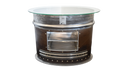 Accent table for reception areas with custom aluminum insert for magazines or books. made from tailpipe assembly of a convair aircraft. oval glass top. Burnished bronze patina with polished steel rings. 19.5" high