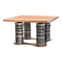 Square coffee table with a clear stained walnut wood top. Legs are 4 combustion liners from an aircraft engine. Base is a bronze powder coated organic shape to stabilize the table.