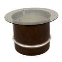 Accent table made from tailpipe assembly of a convair aircraft. oval glass top. Burnished bronze patina with polished steel rings. 19.5" high