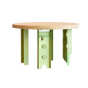 "Round ash wooden table top with green aluminum legs made from Boeing 737 floor beams — 18" high 30" diameter"