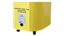 close up of small side table made from a hydraulic reservoir from an aircraft. Cheerful yellow color. oak top made from old aircraft structures forms. hidden charging capability