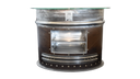 Accent table for reception areas with custom aluminum insert for magazines or books. made from tailpipe assembly of a convair aircraft. oval glass top. Burnished bronze patina with polished steel rings. 19.5" high